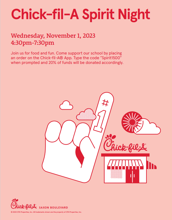 Join us this Wednesday for CHICK-FIL-A Spirit Night.  Order through the mobile app and type the code "Spirit1500" so we can recieve 20% of the sale.  

Thank you in advance for supporting our school's initiatives.