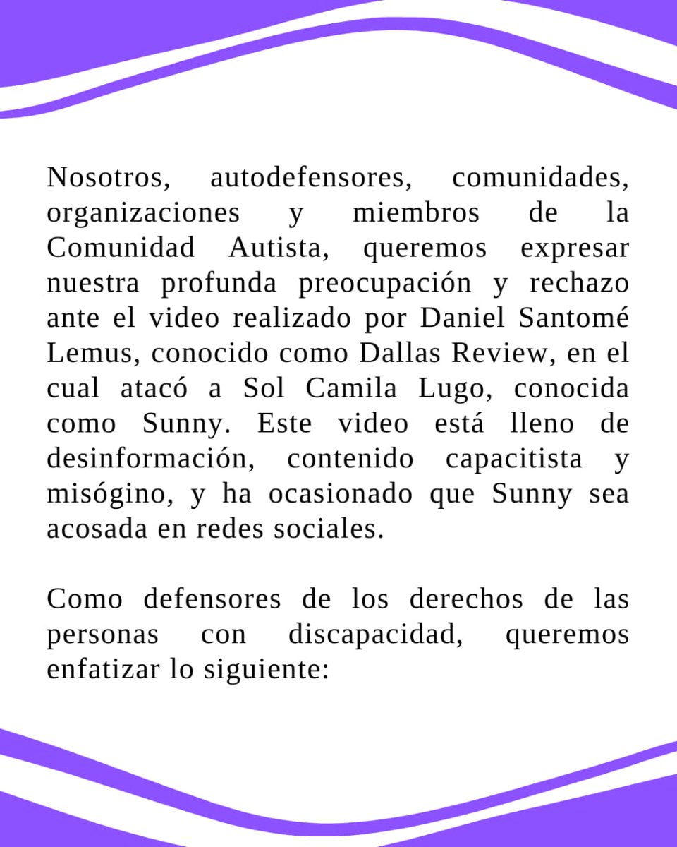 AUMexAc's tweet photo. Declaración Pública

Autodefensores, comunidades, organizaciones y miembros de la Comunidad Autista.

Condena al video de Daniel Santomé Lemus (Dallas Review) contra Sol Camila Lugo (Sunny). https://t.co/ly6htyE4Uc