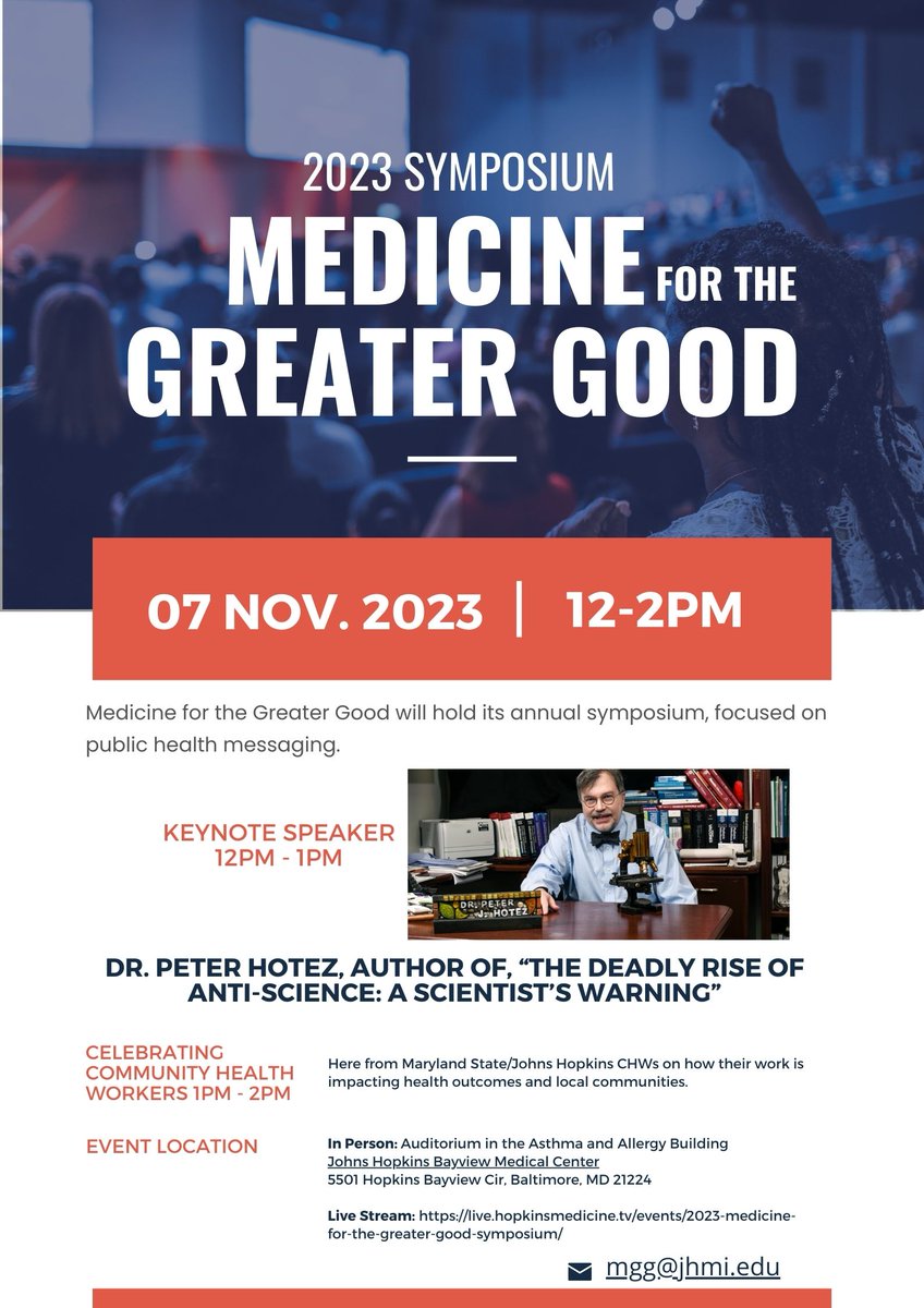 The 2023 Medicine for the Greater Good symposium will be held on November 7th at JHBMC, 12pm to 2pm. The keynote speaker will be Dr. Peter Hotez, then an hour celebration of Community Health Workers! 

Join in person or livestream. For more information contact mgg@jhmi.edu.