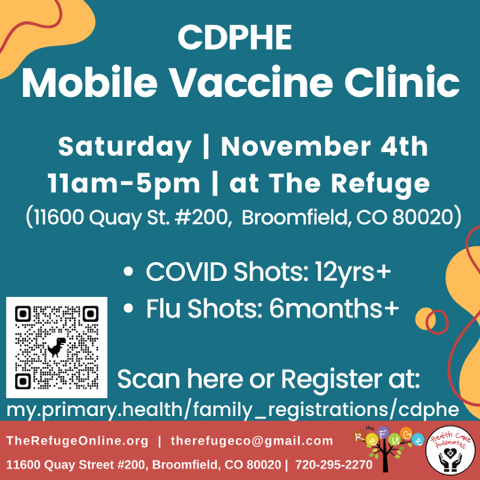 BroomfieldUMC's tweet photo. The CDPHE is doing a Mobile Vaccination Clinic this Saturday, November 4, the Refuge (11600 Quay St #200, Broomfield, CO 80020) from 11am to 5pm. (COVID for 12 and older and Flu for 6 months and older)
Scan the QR code to sign up ahead of time. Walk ins are welcome too. https://t.co/HxSl4ifSqz