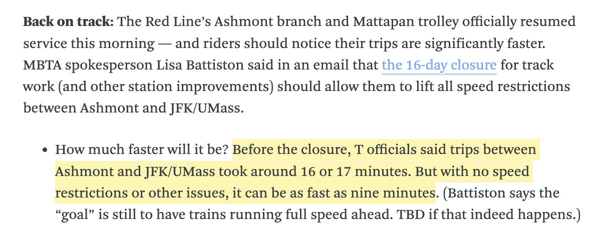 Inbox: The MBTA confirms that it has removed "all speed restrictions" on the Red Line's Ashmont branch, which reopened today after its 16-day closure.

That means trips in each direction will be ~ 6-7 minutes quicker, as noted in this morning's newsletter: wbur.org/news/2023/10/3…