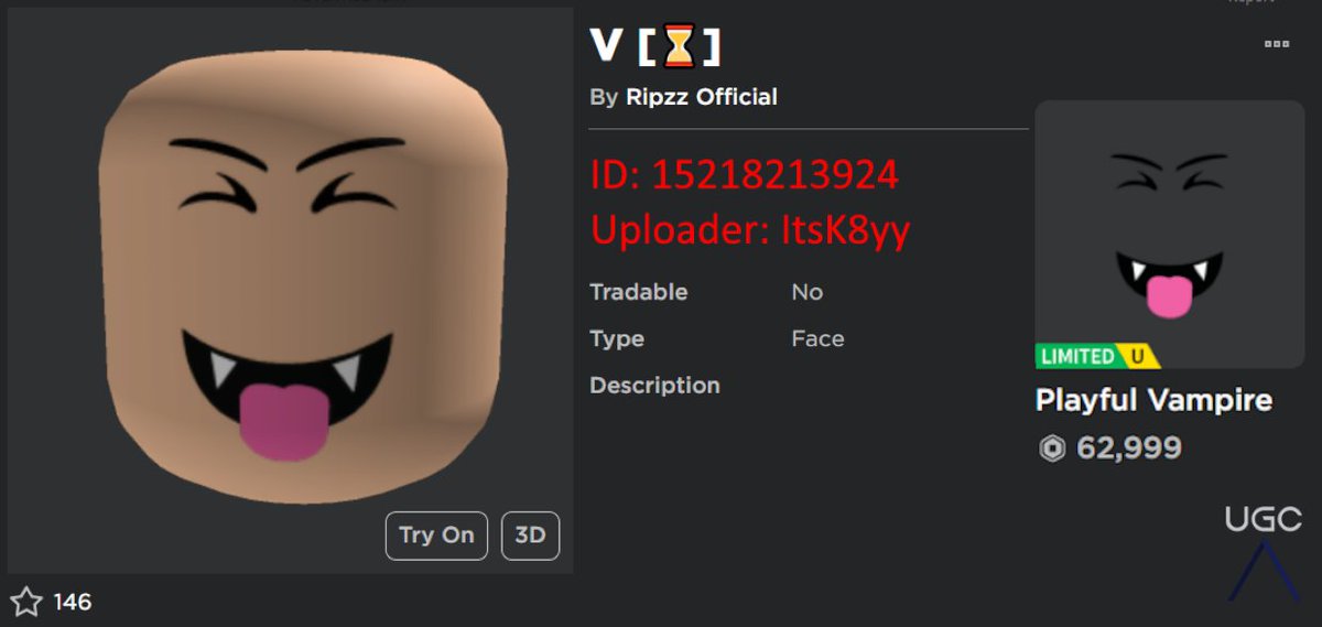 Peak” UGC on X: After being deleted by Roblox moderation, UGC creator  RealKaxyto reuploaded the Epic Vampire Face knockoff. The rest of the  faces in the quoted tweet are still up. #Roblox #