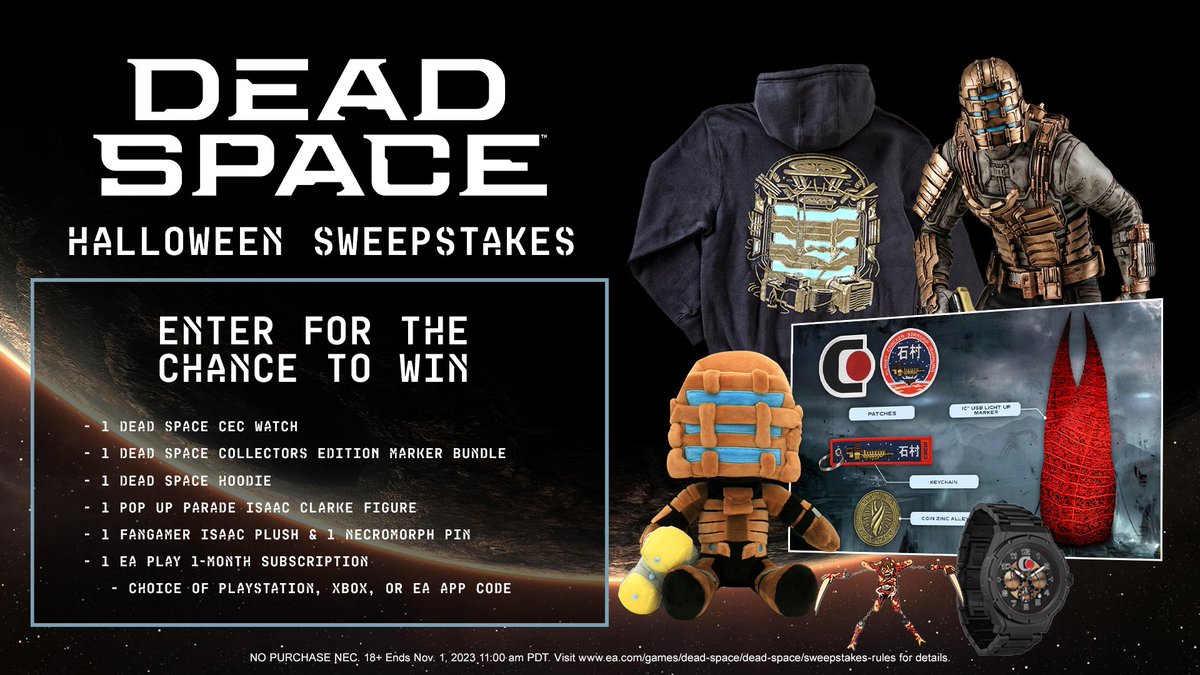 Trick or treat? How about both!🎃 Enter our Halloween Sweepstakes for the chance to win! 5 winners will be selected. How to Enter: 1️⃣ Repost this post 2️⃣ Reply with #DeadSpaceHalloweenSweeps NO PURCHASE NEC. 18+ Ends Nov. 1, 2023 at 11:00am PDT. Rules: go.ea.com/p4CAx