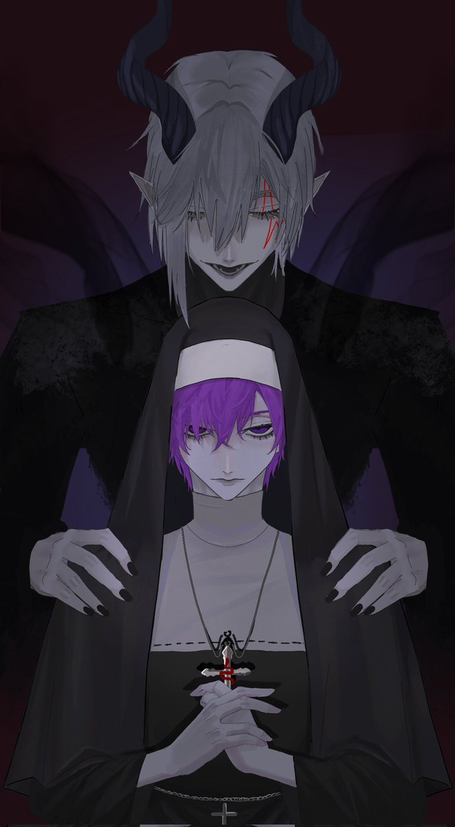 JCHLingQ's tweet photo. #Artchivist
#VioletAtelier
#psyborg
《Nun and demon》
It's probably about a nun who meets a demon pretending to be a priest and is gradually seduced by the demon...
（The first time I drew this series happened to be last Halloween，Happy Halloween this year too🎃） https://t.co/9jMzlHZchs