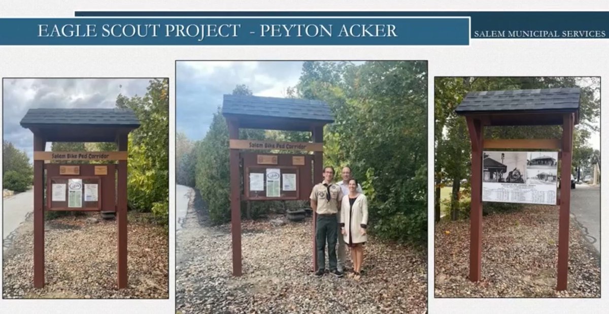 SCTV17's tweet photo. Peyton Acker was recognized for his Eagle Scout project at the Town Council meeting of 10/16/23. Chairman, Bob Bryant, presented him with the award.  His project is an informational kiosk for the Salem Bike-Ped Corridor and is located by the old Tuscan Kitchen. https://t.co/JOPNrrtVBa