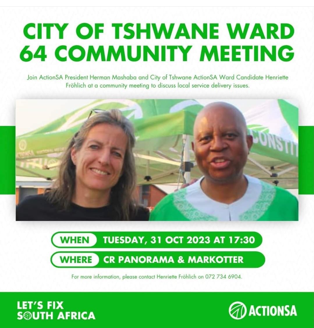 Join ActionSA President @HermanMashaba as he engages the residents of Ward 64 about ActionSA's plans to improve service delivery in the Ward. @henriettefroh is will contest the by-election on 8 November 2023. Let's Fix Ward 64 @Funzi_Ngobeni