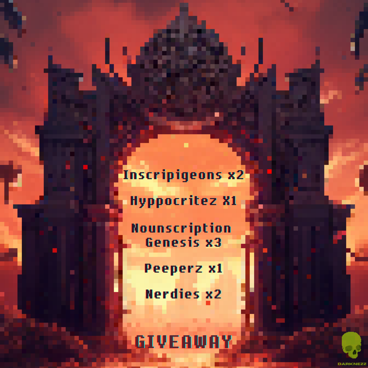 darknezzeth's tweet photo. 🔥 GIVEAWAY ALERT 

🚪 Today, the door is officially OPEN! Get ready for an epic NFT giveaway!

To Enter:
💀RT + Like
💀Follow  @darknezzeth

🌟 Prizes:
💀 Inscripigeons x2
💀 Hyppocritez x1
💀 Nounscription Genesis x3
💀 Peeperz x1
💀 Nerdies x2

Hurry, ends in 48 hours! 💎 https://t.co/eKKHJDvig6