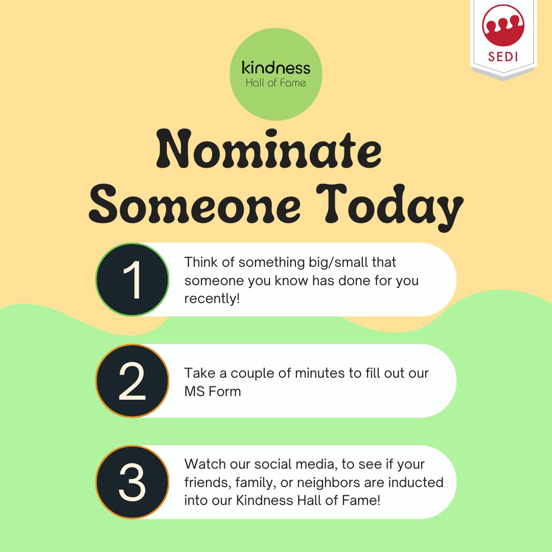 SEDI Lab at UTM (@sedilab) on Twitter photo Know someone kind? <a href="/SEDILab/">SEDI Lab at UTM</a>’s Kindness Hall of Fame celebrates the people who keep kindness going in our communities. Help us shine a spotlight on the everyday kindness of friends, families, and neighbours by nominating them today! The link to the nomination form is in our bio. Know someone kind? <a href="/SEDILab/">SEDI Lab at UTM</a>’s Kindness Hall of Fame celebrates the people who keep kindness going in our communities. Help us shine a spotlight on the everyday kindness of friends, families, and neighbours by nominating them today! The link to the nomination form is in our bio.