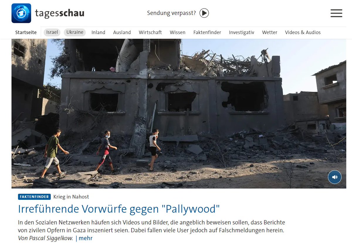 Die <a href="/tagesschau/">tagesschau</a> verbreitet aktuell Falschinformationen. Auf der Startseite wird in einem Faktenfinder von Pascal Siggelkow <a href="/PascalSigge/">Pascal Siggelkow</a>  behauptet, dass Pallywood nicht existiere und dies nur "irreführende Vorwürfe seien". 
Ein Thread🧵1/21