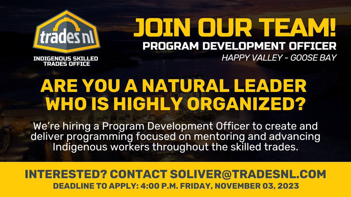 WE'RE HIRING 📢⭐️

We have an exciting opportunity available for a Program Development Officer (Happy Valley-Goose Bay) to create and deliver programming focused on mentoring and advancing Indigenous skilled trades workers.

Learn more below! 👇

#LabradorEmployment