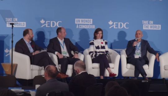 Enviro_Journal's tweet photo. Interesting fireside chat at #CleantechExportWeek: Mohammed Ali (far right), VP of sustainability at @agnicoeagle (the largest Canadian gold mine) explains the challenge of engaging #decarbonization efforts that are economical. “That’s why I don’t have any hair left," he joked. https://t.co/VDM67Yx4MS