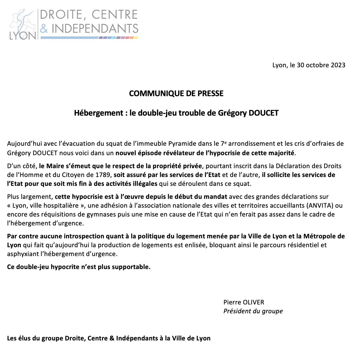 DroiteCtreLyon's tweet photo. 🔴 Le double jeu hypocrite du maire de Lyon n’est plus acceptable.
➡️ Retrouvez notre communiqué de presse sur le double discours du maire de #Lyon concernant la politique d’hébergement de la ville https://t.co/gCQZfoFA7T