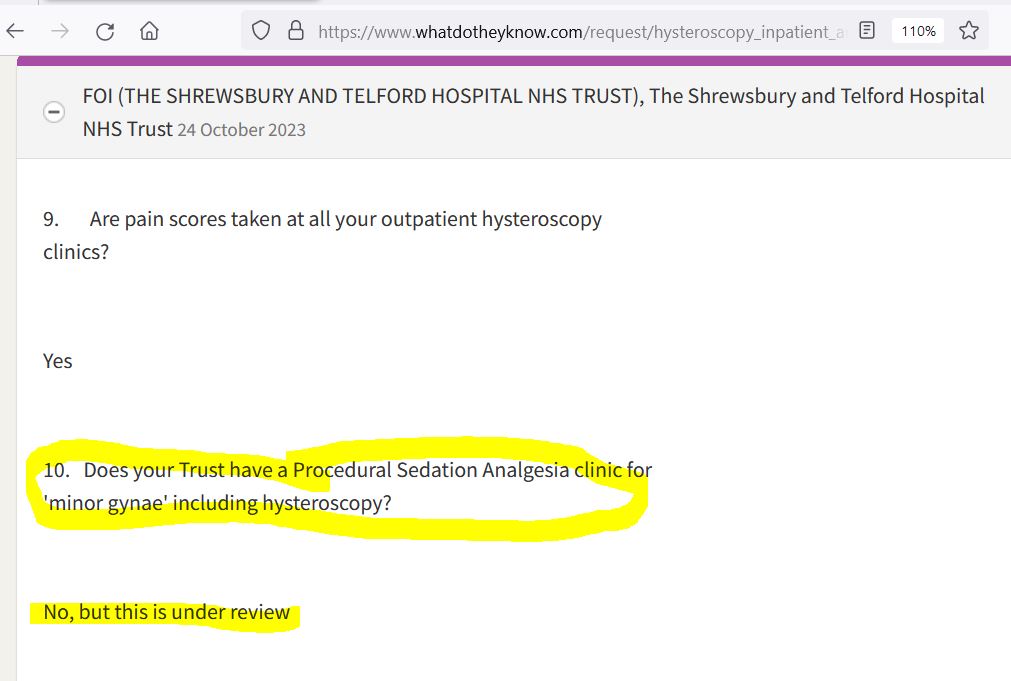 HysteroscopyA's tweet photo. @sathNHS Congratulations!  The Campaign Against Painful #Hysteroscopy is delighted to read that Shrewsbury &amp; Telford NHS Trust are considering the introduction of an IV sedation+anaesthesia service for women undergoing womb #endoscopy.  Equity with colonoscopy patients at last? https://t.co/66wR6faihv