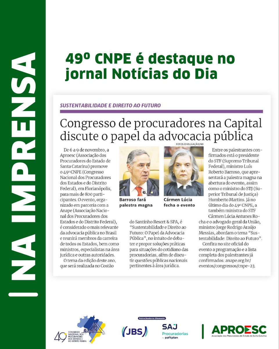 AproescOficial's tweet photo. Nesta segunda-feira, o 49º Congresso Nacional dos Procuradores dos Estado e do DF foi destaque no jornal Notícias do Dia. O evento, que será realizado pela Aproesc entre os dias 6 e 9/11, no Costão do Santinho Resort &amp; Spa em Florianópolis, deve reunir mais de 800 participantes. https://t.co/hiNJIY1TFt