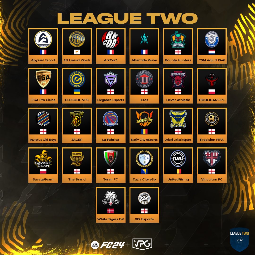 🙌 Welcome to the <a href="/VPGEurope/">Virtual Pro Gaming | Europe</a> League Two. 🇪🇺

💪🏽 We would like to wish you all the best of luck in the season. 

⚽️’s! 
<a href="/EsportsGlens/">Glens Esports/Toran Fc</a> 
@abyssal_esport
@VinculumFC
@TuzlaCityesp
@ElecodeVFC_eSp
<a href="/PrecisionFIFA1/">Precision FIFA</a> 
@erosfifa
<a href="/BountyHunters_1/">Bounty Hunters</a>
<a href="/EleganceEsport/">Elegance Esports</a>
@ArkCor3
@savageteamXBS