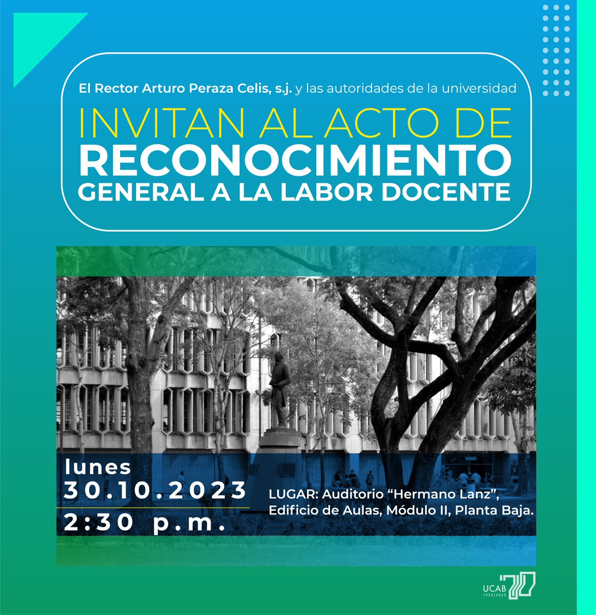 #EnMinutos comienza el acto de Reconocimiento a la Labor Docente en la #UCAB por el periodo 2022-2023.