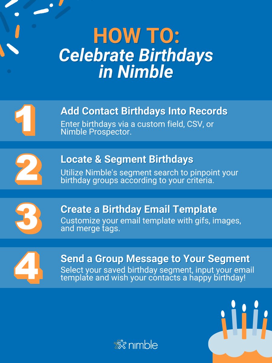 Nimble's tweet image. Want to make your customers or clients feel extra special on their birthdays? 🎁

Here’s how to use Nimble to celebrate and connect! 🎂🥳 

Read more: ow.ly/MBe550Q1znU 

#SimpleCRM #CRM