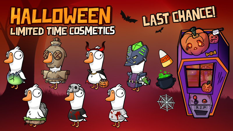 Last chance to get your Halloween Limited Time Cosmetics! Grab those candies and speed through Task Race for your daily tokens! When the hour strikes 8PM EDT on Nov. 1st the event will end, and the Cosmetic Packs will vanish!

#goosegooseduck #gagglestudios #ggd #halloween