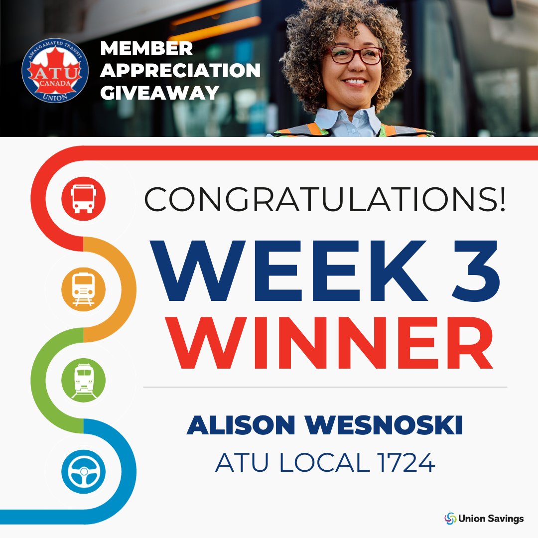 atu_canada's tweet photo. Congratulations to Alison Wesnoski of ATU Local 1724-Coquitlam, BC – Week 2 winner of the Union Savings member appreciation draw.
#UnionSavings #OneATU
Reminder to all Canadian ATU Members - Last week to enter contest before the Grand Prize draw.
Visit https://t.co/0U2ua3d5As https://t.co/lPnbKkJRAj