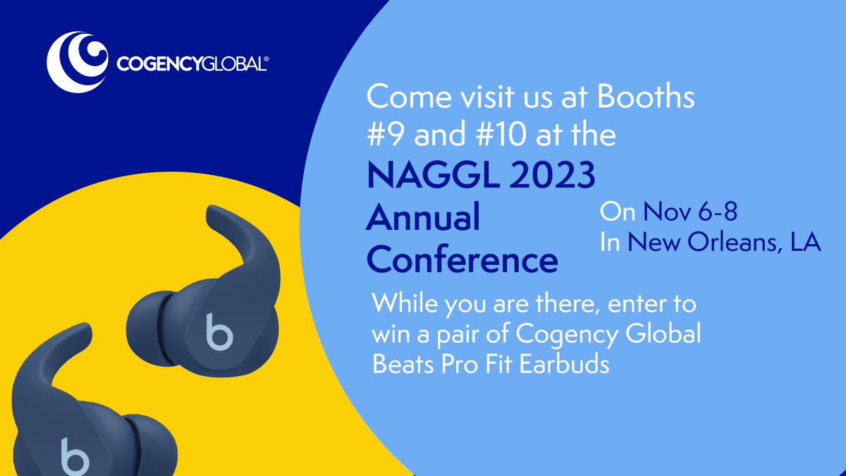 CogencyGlobal's tweet photo. 1 week until the NAGGL 2023 Annual Conference! Join us at Cogency Global Booths #9 and #10 to learn how we can support your lending needs and enter to win a pair of Beats Earbuds! See you in New Orleans, November 6-8! ๐
#CogencyGlobal #NAGGL #Lending #Beats https://t.co/NX5TVcOwdV