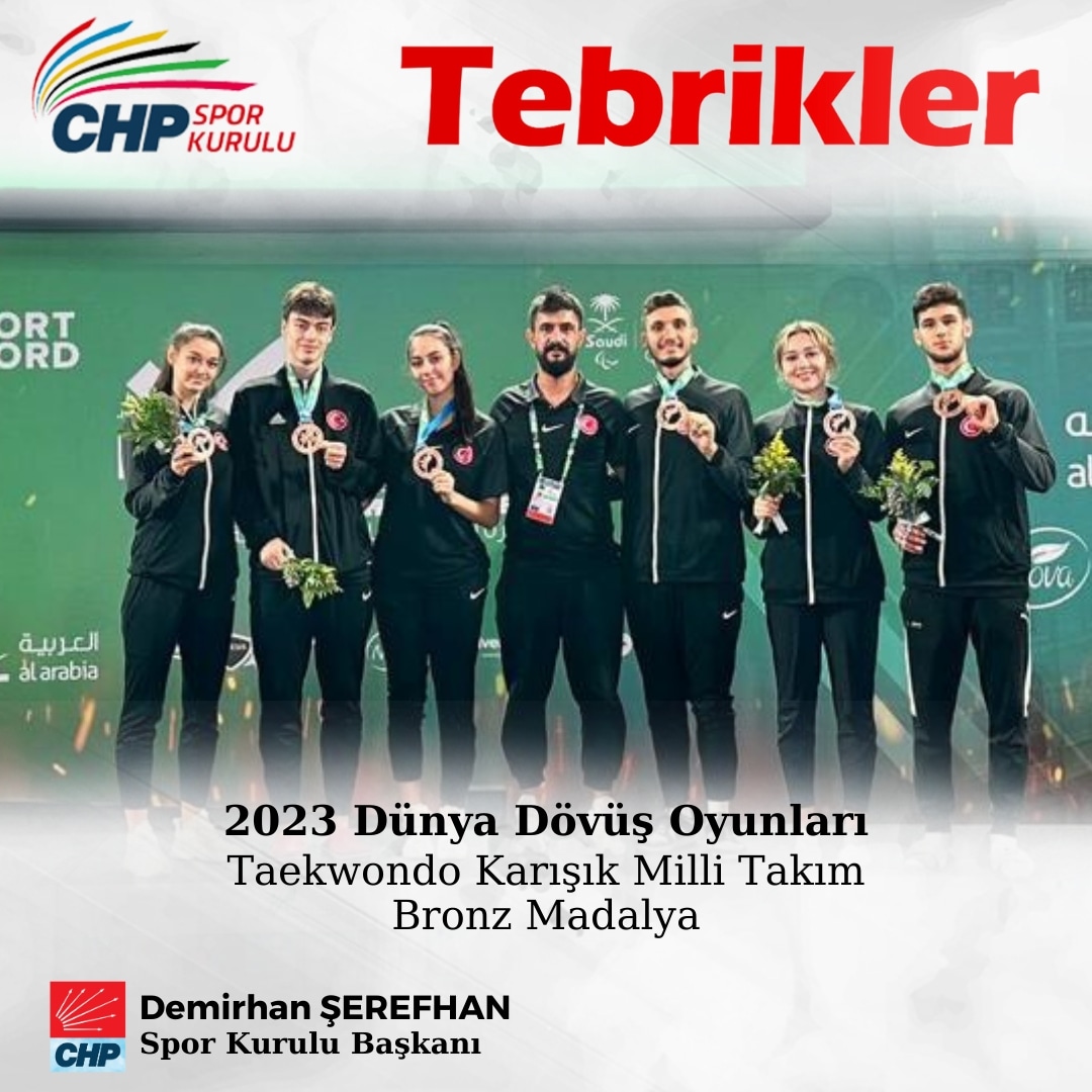 Taekwondo Karışık takımımızdan bronz madalya! 🥉 Suudi Arabistan'ın başkenti Riyad'da düzenlenen 2023 Dünya Dövüş Oyunları'nda ülkemizi temsil eden Taekwondo Karışık Milli Takımımız bronz madalyanın sahibi oldu. CHP Spor Kurulu olarak tebrik eder başarılarının devamını dileriz.