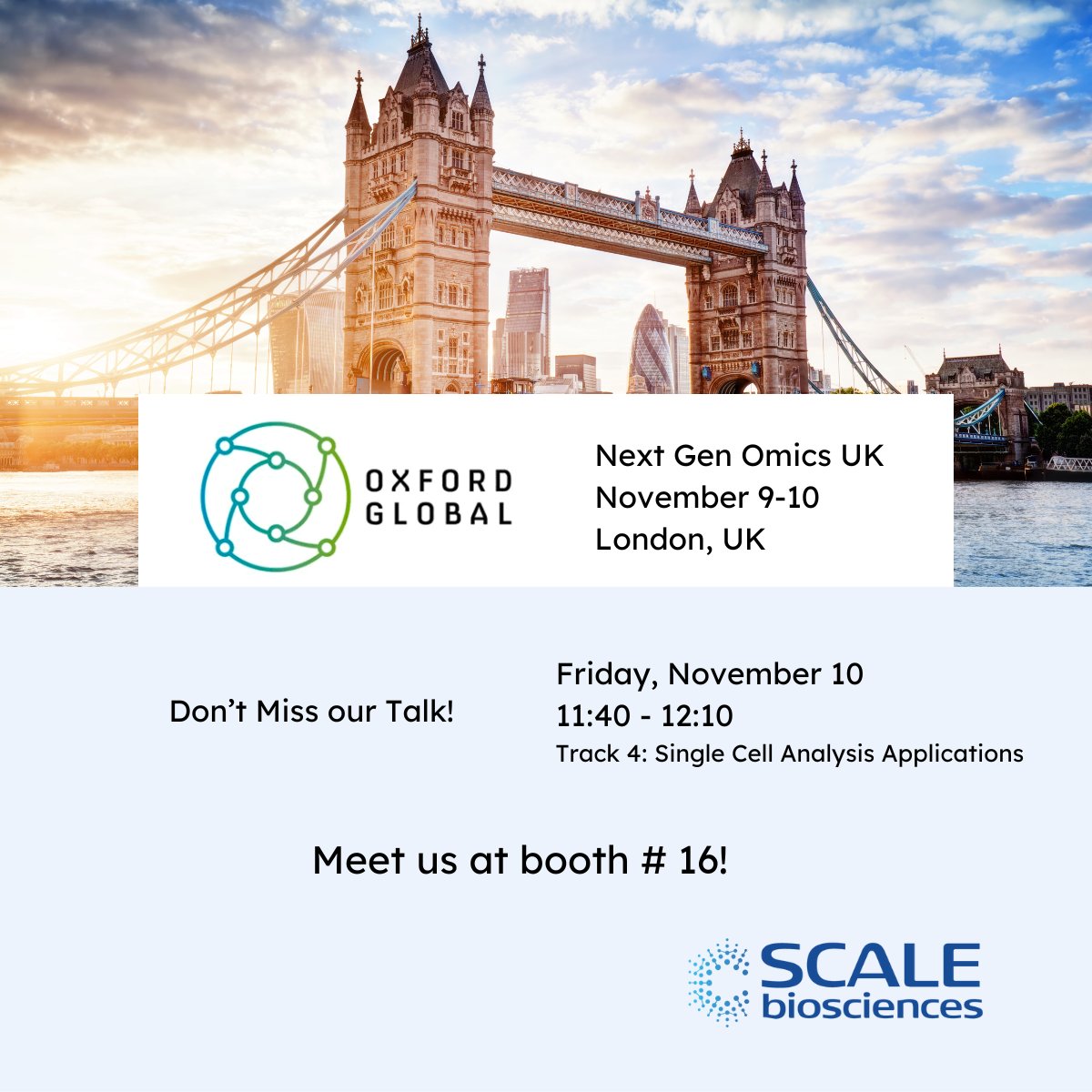 Our EU team will be in London next week for the Oxford Global Next Gen Omics UK event!  Don't miss our speaking session on Day 2 (November 10) in the Single Cell Applications Track, at 11:40, or come chat to us at booth #16.  #OmicsSeries23 #singlecell