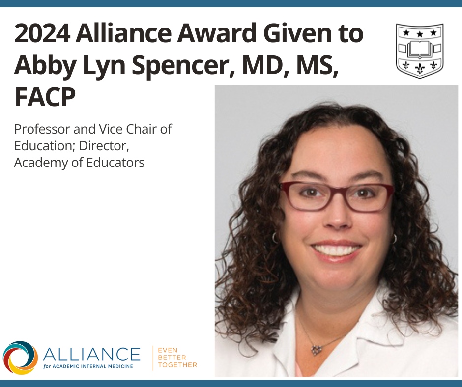 Abby Spencer, MD, MS, FACP @AbbyWUim is the recipient of the 2024 @AAIMOnline APDIM Dema C. Daley Founders Award. The award honors a member of the internal medicine community recognized nationally as an educator, innovator, and leader. @WUSTLmed More > l8r.it/yPy7