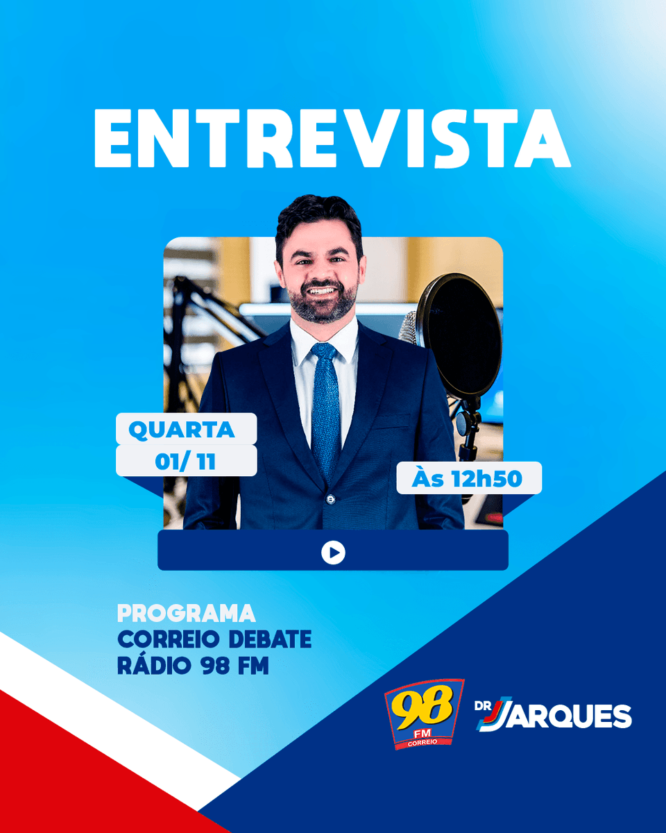DrJarques's tweet photo. Já coloca um lembrete no celular. Na próxima quarta (01/11), temos um encontro marcado no programa Correio Debate da 98 FM.

Na entrevista irei falar de nossa São Bento e também de assuntos importantes como o novembro azul. Conto com sua audiência.

#entrevista https://t.co/hgIq4LduTq