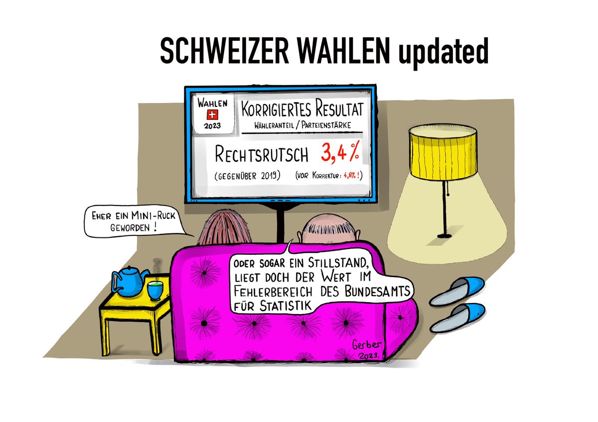 beatgerber's tweet photo. Rechtsrutsch! Dieses Schlagwort bestimmt nach den Eidg. Wahlen vom 22. Oktober die Diskussion. Numerisch wird selten argumentiert, denn sonst hätte sich der sogenannte Rutsch als minimal entblösst.
Meine neusten Karikaturen finden sich auf Globalbridge: https://t.co/fJokj6czNx https://t.co/imtV0W1CCe