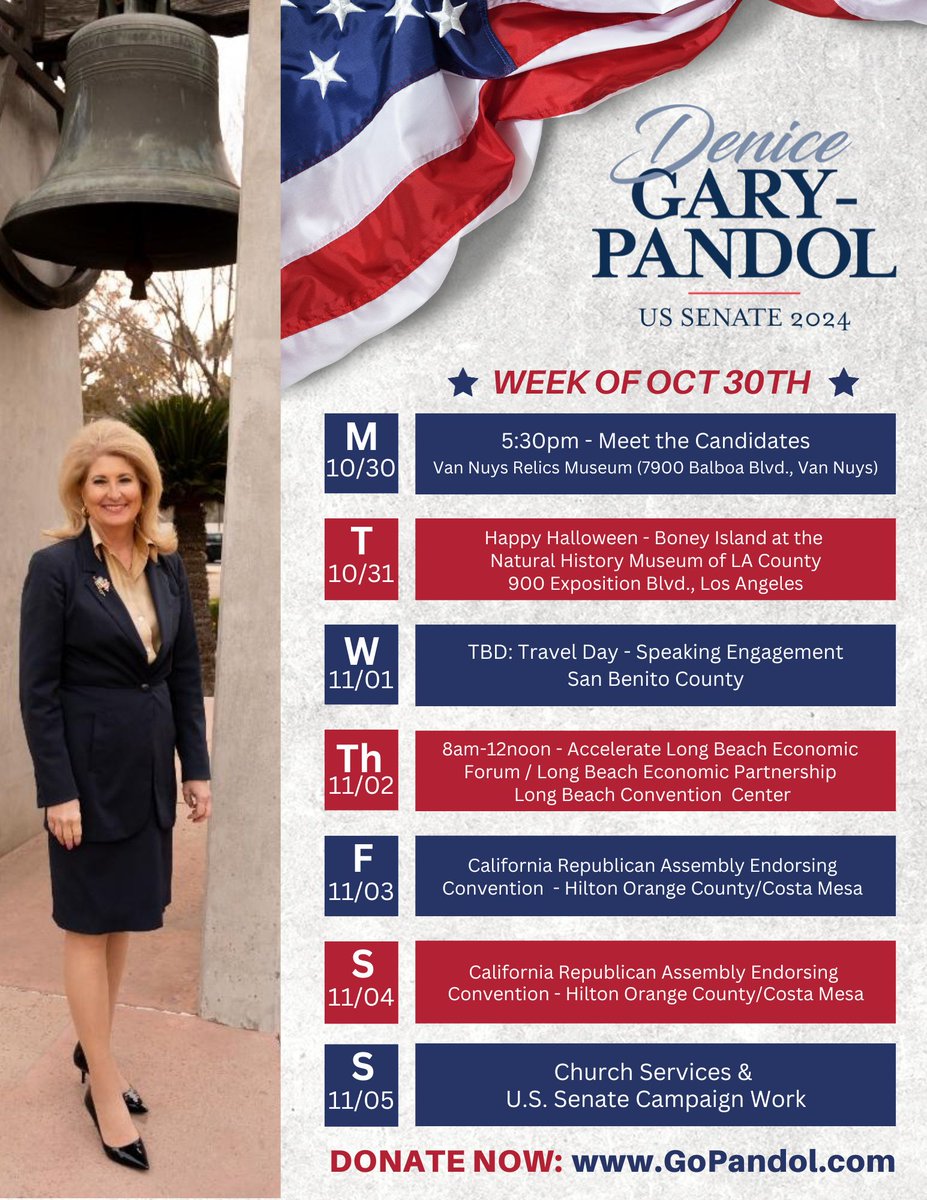 Denice4USSenate's tweet photo. I look forward to seeing you this week on the campaign trail! If you’re ready for a Service-Over-Self Patriot to represent you in the Senate, support the campaign by making a DONATION at https://t.co/DmbOMto1xx.  

#DeniceGaryPandol #RunForSenate #Senate2024 #Election2024 #PoliticalCampaign #VoteForChange #CaliforniaForSenate #FighterandFixer #AmericaFirst #CaliforniaFirst