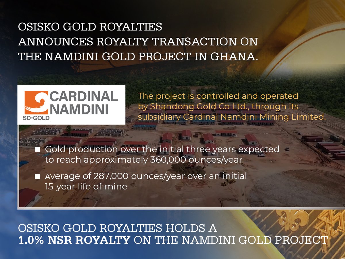 Osisko Gold Royalties (OR: TSX &amp; NYSE) announces the acquisition of a 1.0% NSR royalty covering the Namdini Gold Project in Ghana. 

More details here: rb.gy/enn8w

#osisko #osiskogoldroyalties #mining #miningnews #gold #goldinvest #preciousmetals #miningindustry