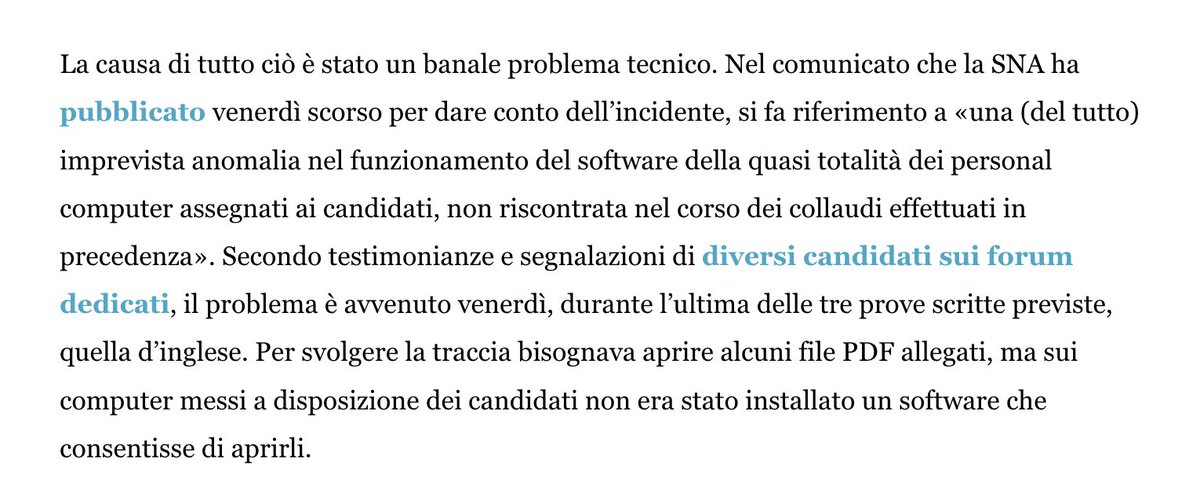Claudio (@sonoclaudio) on Twitter photo Rinviata una prova di un concorso pubblico della Scuola Nazionale dell’Amministrazione, perché sui computer non è installato .... #AdobeReader o, più banalmente, #GoogleChrome.
900 candidati rispediti a casa 🙄
Chiamate <a href="/GiorgiaLodi/">Giorgia Lodi</a> 🫣
ilpost.it/2023/10/30/sna… Rinviata una prova di un concorso pubblico della Scuola Nazionale dell’Amministrazione, perché sui computer non è installato .... #AdobeReader o, più banalmente, #GoogleChrome.
900 candidati rispediti a casa 🙄
Chiamate <a href="/GiorgiaLodi/">Giorgia Lodi</a> 🫣
ilpost.it/2023/10/30/sna…
