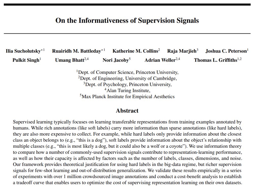 🧵Excited to share our paper 'On the informativeness of supervision signals' that was spotlighted at #UAI2023! We delve into the fascinating world of supervised learning and explore how different types of supervision signals contribute to representation-learning performance. 🧠🔍