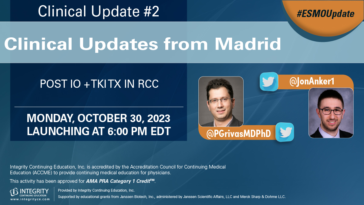 SoMeCME's tweet image. Are you ready for the next discussion on practice-changing data from Madrid❓

#ESMOUpdate #2 launches tonight at 6:00 PM EDT: bit.ly/48Yk4ug

💬 Post IO + TKI In RCC
👥 @PGrivasMDPhD &amp;amp; @JonAnker1
📍 @SoMeCME

#MedEd #FOAMed #MedTwitter
