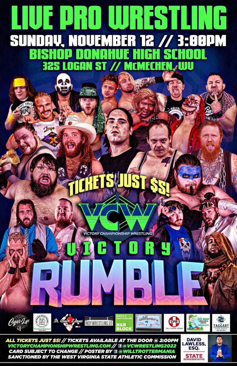 Ladies and Gentlemen, Victory Championship Wrestling is back on Sunday, November 12th for Victory Rumble!  All tickets are just $5!  You will not want to miss the first VCW Rumble!