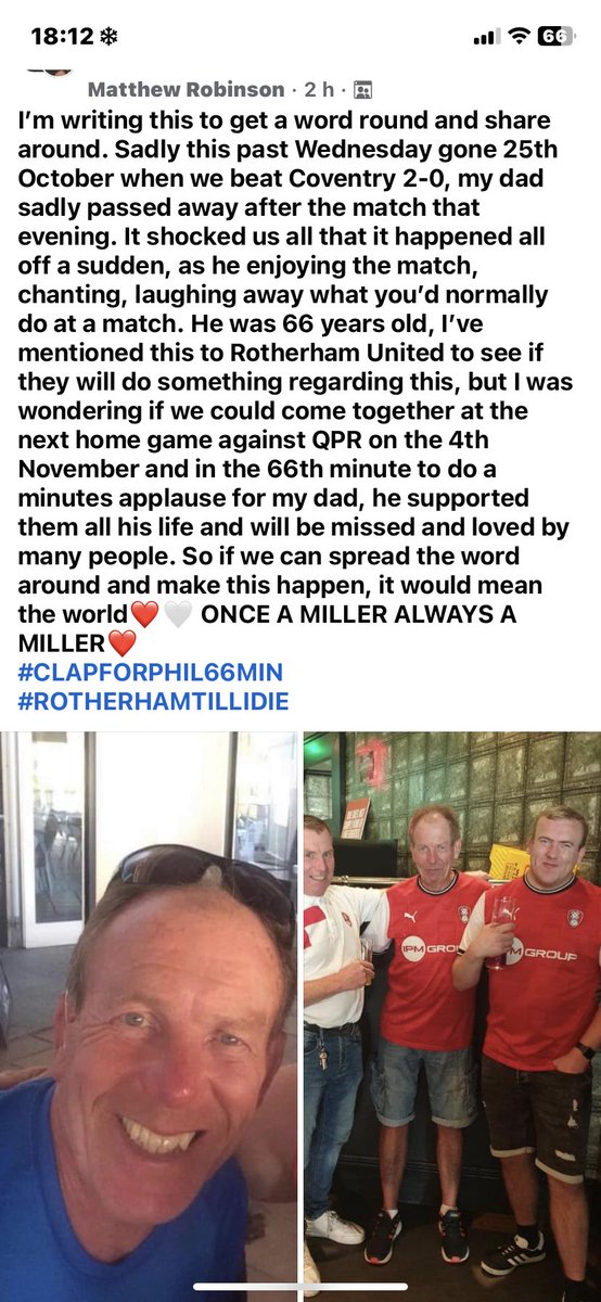 can people do a 66th minute applause against qpr on Saturday for this man’s dad who sadly lost their life last Wednesday?!