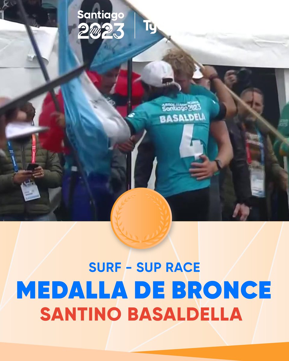 TyCSports's tweet photo. 🥉¡BRONCE PARA BASALDELLA!🏄

🇦🇷 El argentino logró el podio en la prueba sup race de surf en #Santiago2023.

¡FELICITACIONES, SANTINO! ¡VAMOS, ARGENTINA! 💪 https://t.co/pRkEfURM4A