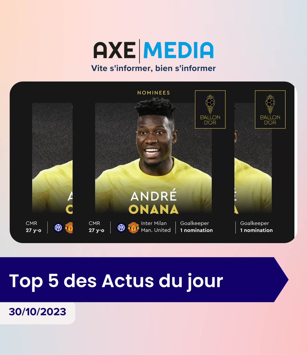 axemedia2023's tweet photo. En une minute, votre résumé de l'actualité du jour 🚨

#axemedia #sdf #andréonana #ballondor #pétrolelampant #conac #contrebande #33export https://t.co/g3rEYcOqH8