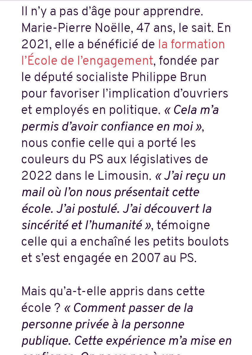 « Cela m’a permis d’avoir confiance en moi ».
Retrouvez le témoignage de <a href="/MariePierreNOL1/">Marie-Pierre NOËL</a>, élève de l'<a href="/EcoleEngagement/">Ecole de l'Engagement</a> dans <a href="/humanite_fr/">L'Humanité</a> !

humanite.fr/politique/eelv…