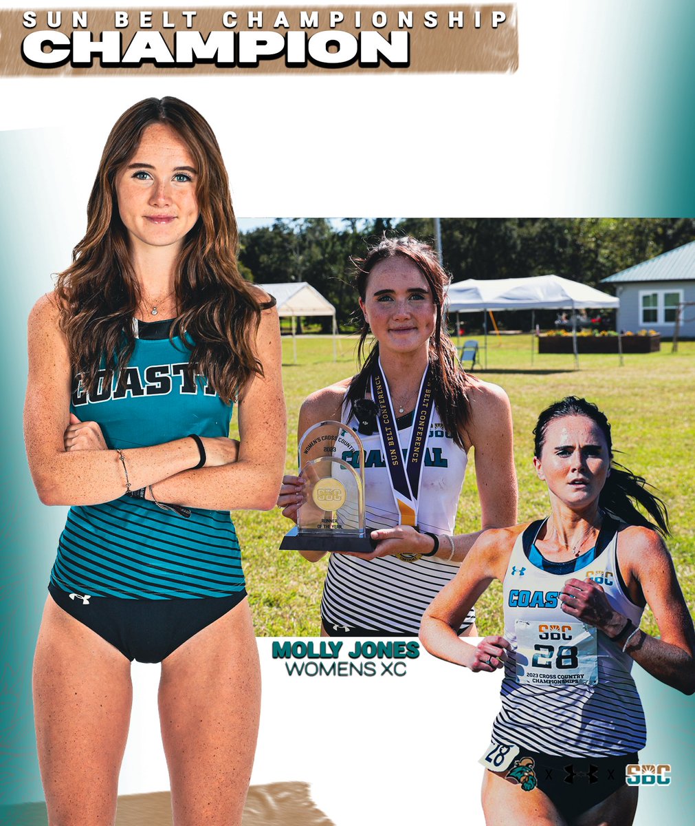 Molly Jones is your 2023 Women’s XC Sun Belt Conference Champion! Jones finished 1st in the women’s 5k event with a 16:37 time. #CHANTSUP #TEALNATION