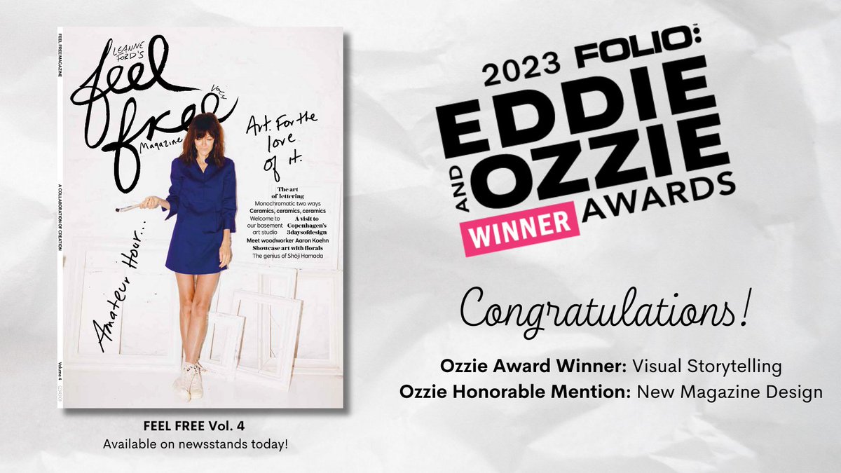 We're pleased to share FEEL FREE magazine created by interior designer Leanne Ford has won an Ozzie Award for Visual Storytelling and an Ozzie Honorable Mention for New Magazine Design! View the complete winner listing at eddie-ozzie.com. #FolioAwards <a href="/foliomag/">FOLIO:</a>