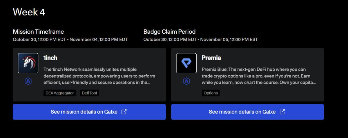 Arbitrum Odyssey Event Live Week 4✅

➡️Dark Matter
- Go to HERE: app.1inch.io/#/
- Make a Swap using 1inch’s Fusion mode on the Arbitrum network
- Claim HERE: galxe.com/arbitrum/campa…

➡️Eternal Tranquility
- Go to HERE: academy.premia.blue
- Complete the Arbitrum