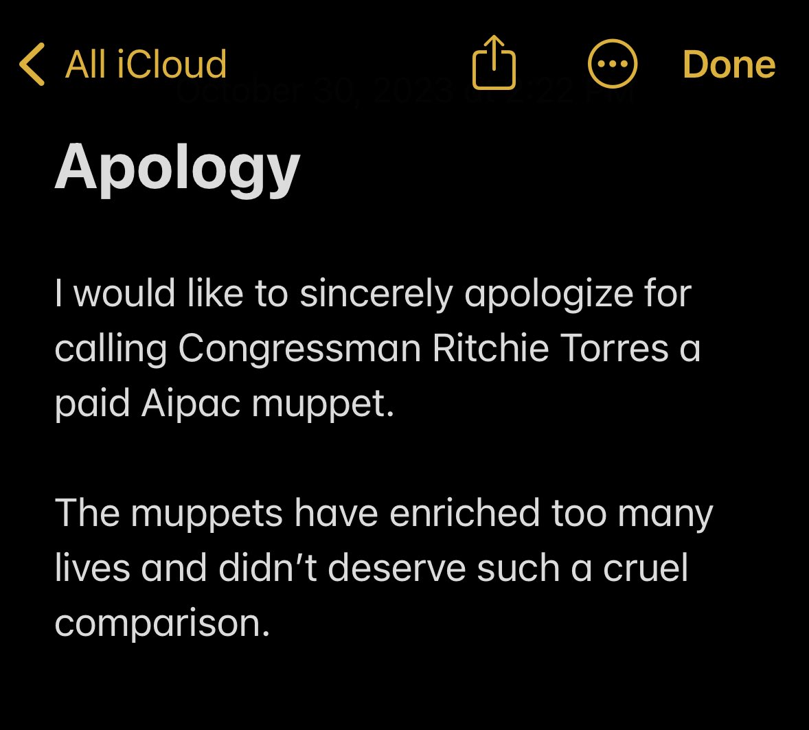 I would like to apologize for calling Congressman @RitchieTorres a muppet.