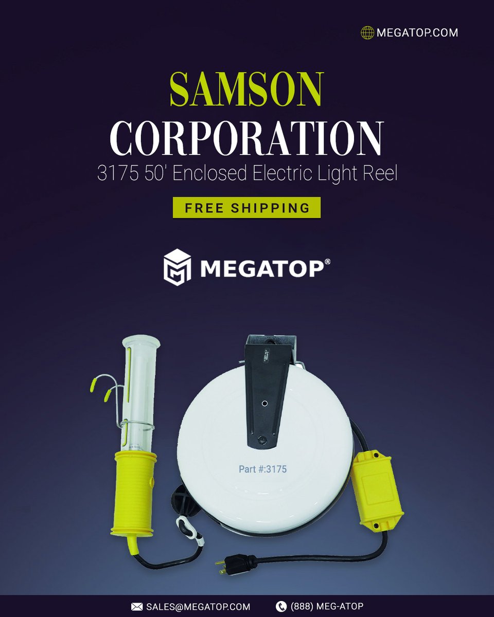 megatopcom's tweet image. &quot;Illuminate your workspace with ease using the Samson Corp 3175 50&apos; Enclosed Electric Light Reel. 

This compact reel is your go-to solution for hassle-free light and electric cord management. Get yours today! 

💡 www.Megatop

#WorkshopEssentials #LightReel&quot;
