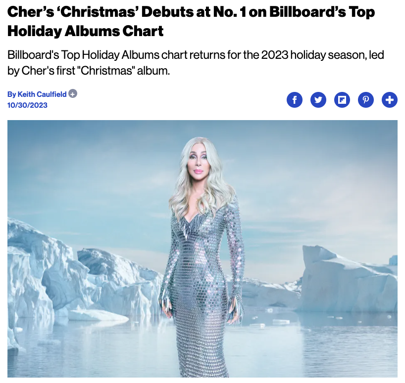 warnerrecords's tweet photo. The Goddess of Pop is on top! Congratulations to @cher on her new album, ‘Christmas,’ reaching No. 1 on Billboard’s Top Holiday Albums Chart! 🍾 🏆 https://t.co/ouPILLYHEq