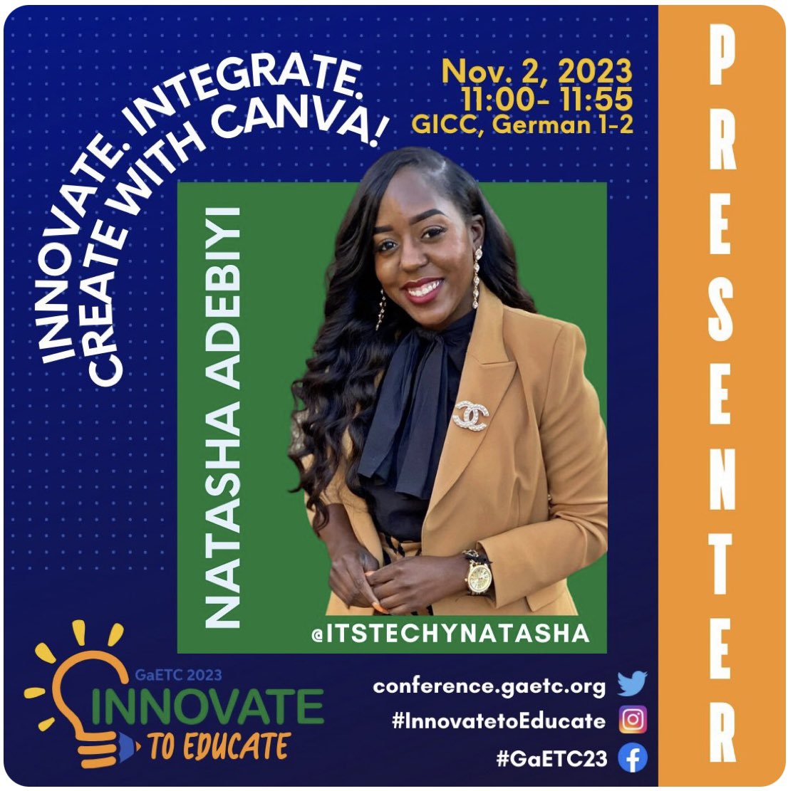 #GAETC is this week! If you’re attending join <a href="/ITSTechyNatasha/">Dr. Natasha Adebiyi-Lawyer ➡#GAETC</a> and I at one of our sessions on using <a href="/CanvaEdu/">Canva Education</a>. We hope to see you there! 
#InnovatetoEducate #CreativeWriting
#CreatewithCanva