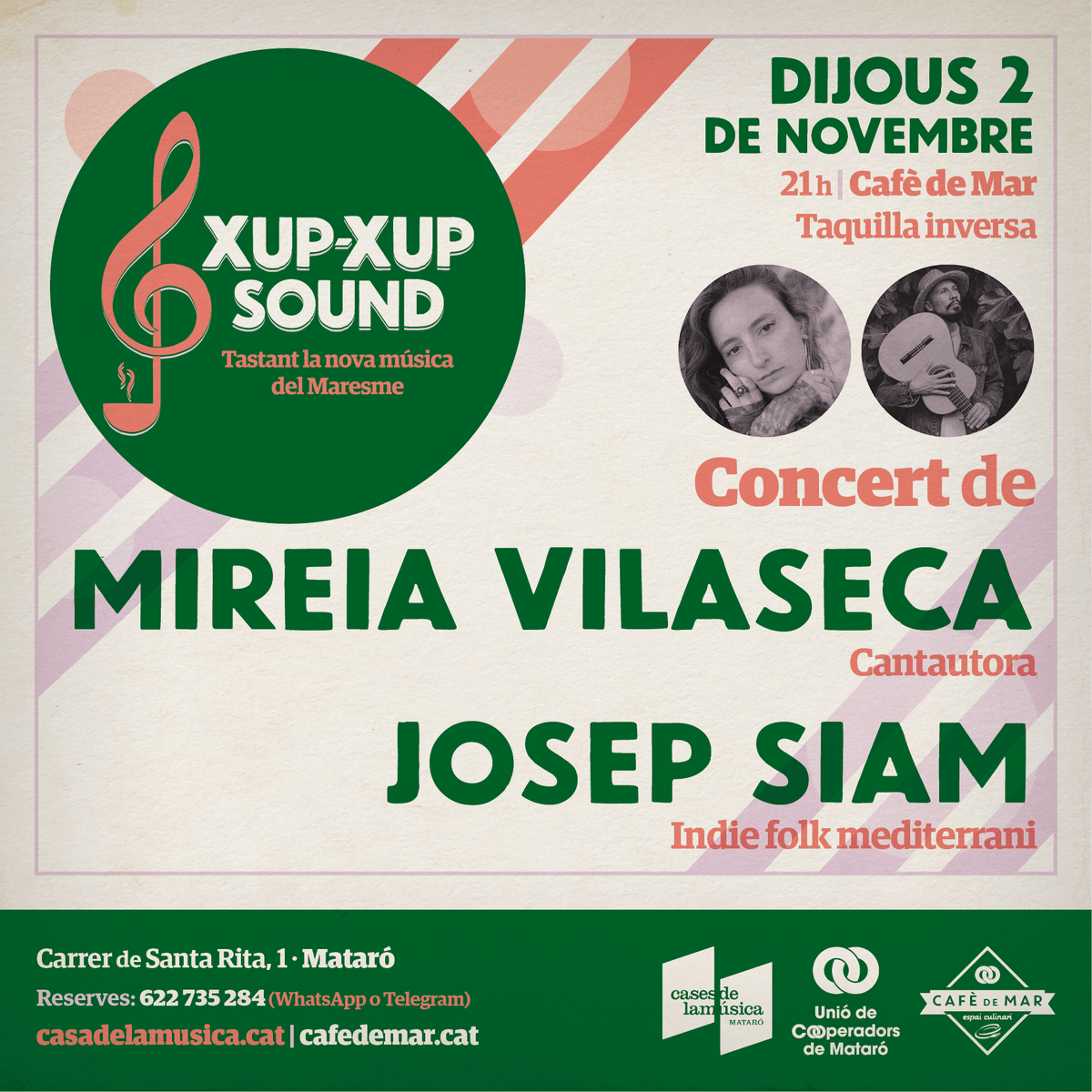 CafedeMarEC's tweet photo. 🎼 Xup-xup Sound
🎸 Concert de Mireia Vilaseca i Josep Siam
🗓️ Dijous 2 de novembre 🕒 21 h
🎟️ Taquilla inversa
📍 Cafè de Mar

🔗 https://t.co/hzj2lG5l1R

🎹 2a edició del Xup-xup Sound, cicle que té com a objectiu posar en relleu el talent emergent de la música maresmenca. https://t.co/JzwXBtVHlt