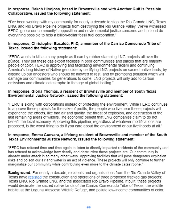 .<a href="/FERC/">@FERC</a> voted to ignore community concerns and allow the LNG companies to move forward with plans to destroy the environment &amp; pollute the Rio Grande Valley. 

Carrizo/Comecrudo Tribe &amp; community orgs are committed to resisting Rio Grande LNG, Texas LNG, &amp; Rio Bravo Pipeline.