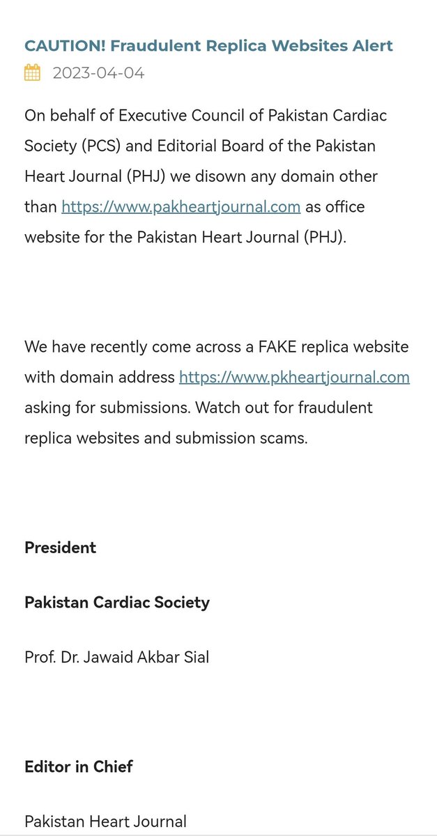 academia_kmu's tweet image. Cloned #PakistanHeartJournal, official journal of #PakistanCardiacSociety 
#fakeJournal
#ClonedJournal
@PAME_Pak