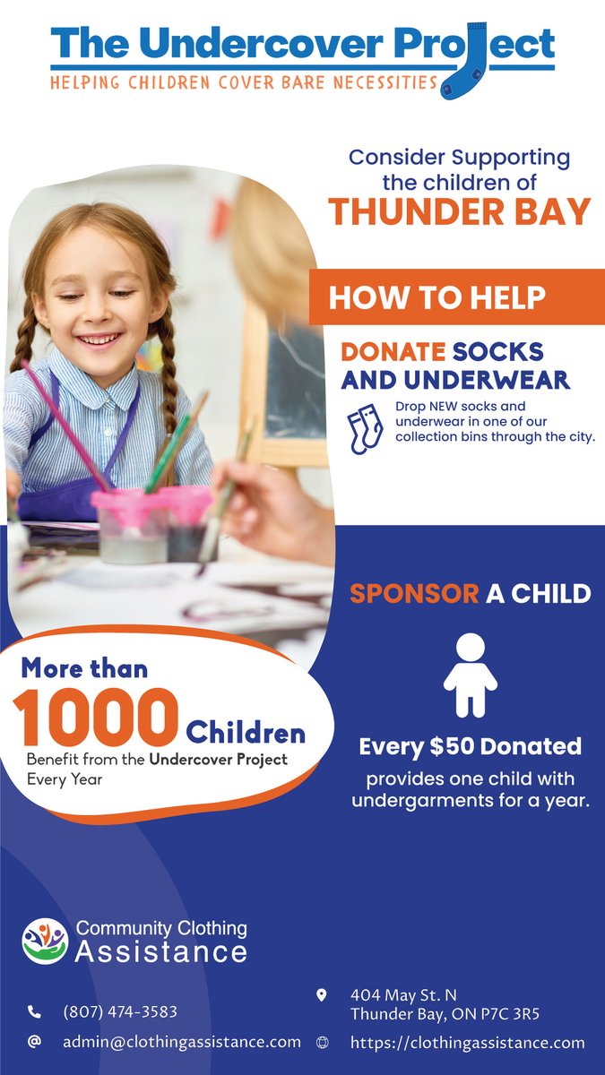 TbAssistance's tweet image. Support the children of Thunder Bay!
Donate socks and underwear or make a monetary donation. You can make the difference in a child's life.

clothingassistance.com/main_website/d…
#undercover #cca #tbay